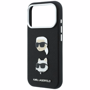 Karl Lagerfeld Saffiano Karl & Choupette Heads Pins & Logo dėklas, skirtas iPhone 18 Pro / 17 Pro – juodas