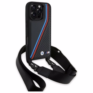 BMW M Edition anglies trispalvės linijos ir dirželis dėklas telefonui iPhone 16 Pro Max - juodas