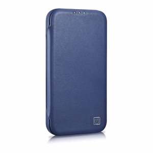 iCarer CE Premium odinis folio dėklas iPhone 14 Plus magnetinis atverčiamas odinis folio dėklas MagSafe mėlyna
