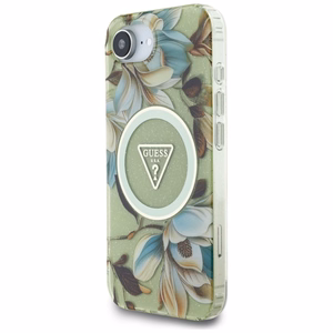 Guess IML Metal Glitter Flowers Triangle Magnetinis dėklas telefonui iPhone 16e - žalias