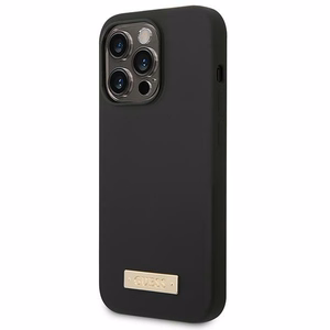 Guess GUHMP14XSBPLK iPhone 14 Pro Max 6.7" juodas/juodas kietas dėklas Silikoninė logotipo plokštelė Magnetinis