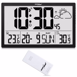 Ypač didelis LCD sieninis laikrodis „GreenBlue GB218“ su orų stotele, temperatūros ir datos rodymu