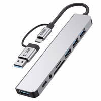 "Tech-Protect" HB06 HUB adapteris 8in1 TYPE-C + USB2.0 + USB3.0 + SD/TF + AV3.5 - pilkos spalvos