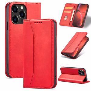 Magnet Fancy Case dėklas iPhone 14 Pro su flip dangčiu, pinigine ir stovu - raudonos spalvos