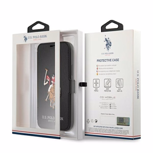US Polo USFLBKP12SPUGFLBK iPhone 12 mini 5,4" juodas knygos tipo dėklas Polo Embroidery Collection