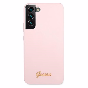 Guess GUHCS22MLSLMGLA S22+ S906 levandų/levandų kietas dėklas Silicone Script Metal Logo