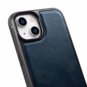 iCarer odinis Oil Wax dėklas padengtas natūralia oda iPhone 14 mėlyna