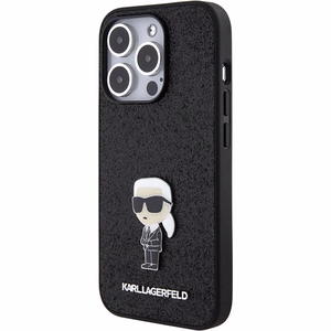 Karl Lagerfeld Glitter Ikonik Logo metalinio logotipo dėklas iPhone 15 Pro Max juodas