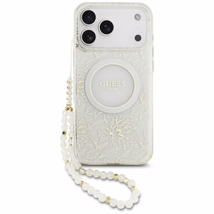 Guess IML MagSafe dėklas su gėlių raštu, metalizuota apdaila ir perlų dirželiu, skirtas iPhone 18 Pro Max / 17 Pro Max, baltas