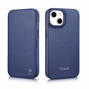 iCarer CE Premium odinis folio dėklas iPhone 14 Plus magnetinis atverčiamas odinis folio dėklas MagSafe mėlyna