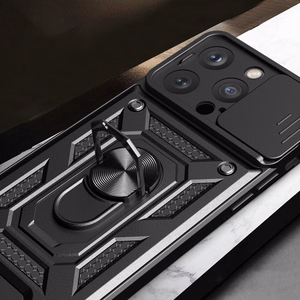 Hibridinis šarvuotas Camshield iPhone 15 Pro dėklas su stovu ir kameros dangteliu - mėlynas