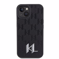 Karl Lagerfeld KLHCP15SPKLPKLK iPhone 15 / 14 / 13 6.1" juodas/juodas kietas dėklas Odinė monograma karštas štampas metalinė logotipas