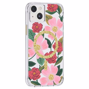 Rifle Paper Clear MagSafe dėklas, skirtas iPhone 14 Plus, su aukso spalvos dekoru, „Rose Garden“ rašto