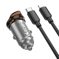 Automobilinis įkroviklis Hoco USB C QC PD 30W + kabelis USB C į Lightning NZ16 metalinis pilkas