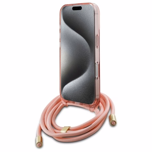 Guess Crossbody Cord Script Magnetinis dėklas iPhone 16 Pro - rožinis