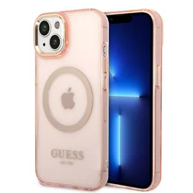 Guess GUHMP14MHTCMP iPhone 14 Plus 6.7" rožinis/rožinis kietas dėklas Auksinis kontūras Permatomas Magnetinis