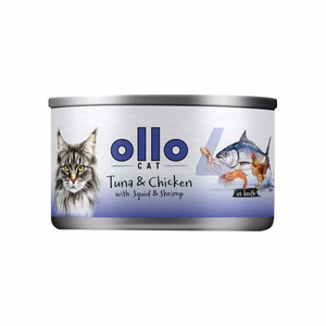 Ollo Cat No. 4 – šlapiasis kačių pašaras su tunu, vištiena, kalmarais ir krevetėmis sultinyje, 70 g