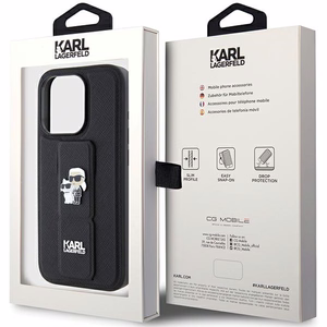 Karl Lagerfeld Gripstand Saffiano Karl&Choupette Pins dėklas telefonui iPhone 15 Pro Max - juodas