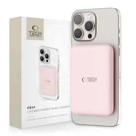 Tech-Protect LifeMag PB10 išorinė baterija su MagSafe 5000mAh 15W USB-C jungtimi - rožinė + USB-C kabelis