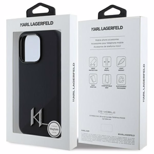 Karl Lagerfeld Silicone Shadow Metal Initial Magnetinis iPhone 16 Pro dėklas - juodas