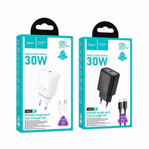 Įkroviklis telefonui Hoco USB C QC PD 30W + kabelis USB C į Lightning N62 baltas