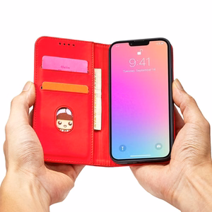 Magnetinė kortelės dėklas telefonui iPhone 14 Pro Max atverčiamas dėklas piniginė su stovu raudona