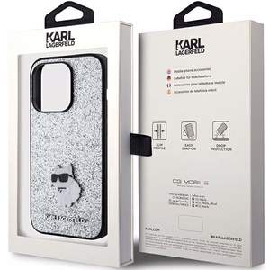 Karl Lagerfeld Fiksuotas blizgučių Choupette logotipas metalinis kaištis dėklas iPhone 15 Pro - sidabrinė