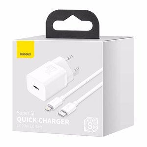 Įkroviklis Baseus Super Si 20W USB-C + USB-C to Lightning cable 1.0m baltas TZCCSUP-B02