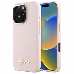 Guess Silikoninis Užrašas Metalinis Logo & Rėmelis iPhone 16 Pro Dėklas - rožinis