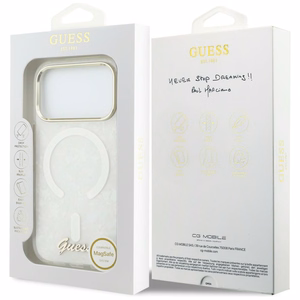 Guess IML Shell Script Metal MagSafe Dėklas for iPhone 17 Pro Max - baltas