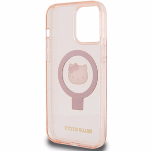Hello Kitty žiedinis stovas blizgus Electrop Logo magnetinis dėklas telefonui iPhone 15 Pro Max - rožinis