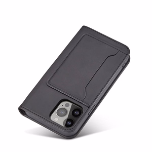 Magnet Card dėklas iPhone 14 atveriamas dangtelis piniginė su stovu juodas
