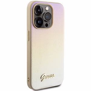 Guess Saffiano Iridescent Script dėklas iPhone 14 Pro - auksinis
