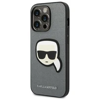 Karl Lagerfeld Saffiano Karl's Head Patch dėklas telefonui iPhone 14 Pro - sidabrinis