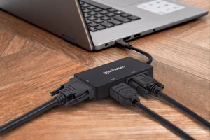 Manhattan USB-C dokės/šakotuvas su DVI-I, HDMI ir VGA prievadais, juodas