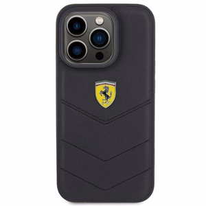 Ferrari dygsniuotas metalinis logotipo dėklas telefonui iPhone 15 Pro – juodas