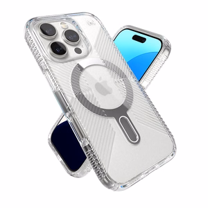Speck Presidio Perfect-Clear Grip ClickLock & MagSafe dėklas, skirtas iPhone 16 Pro, skaidrus / chromo apdaila / „Serene Silver“
