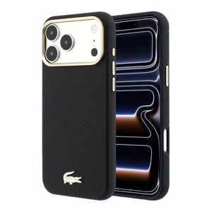 Dėklas Lacoste PU Leather Champs Elysees Gold Logo MagSafe Apple iPhone 18 Pro juodas