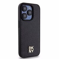 DKNY Odinis monogramos rašto metalinis logotipas Magnetinis dėklas iPhone 15 Pro - juoda