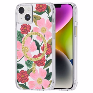 Rifle Paper Clear MagSafe dėklas, skirtas iPhone 14 Plus, su aukso spalvos dekoru, „Rose Garden“ rašto