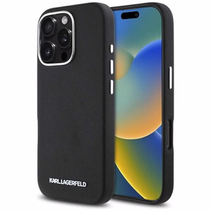 Karl Lagerfeld Saffiano pilnai aptrauktas pailgo metalinio logotipo magnetinis dėklas telefonui iPhone 16 Pro Max - juodas