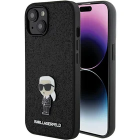 Karl Lagerfeld Fiksuotas blizgučių Ikonik logotipas metalinis kaištis dėklas iPhone 15 - juoda