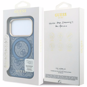 Guess 4G Classic Logo dėklas, skirtas iPhone 18 Pro Max / 17 Pro Max, su 360° žiedu-stovu, suderinamas su MagSafe – mėlynas