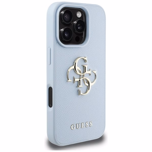 Guess grūdėtas didelis 4G logotipas mažas klasikinis logotipas dėklas iPhone 16 Pro - mėlynas