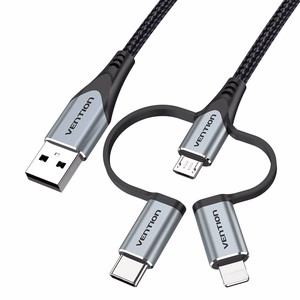 Vention USB 2.0 A Male to 3-in-1 Micro-B & USB-C & Lightning Male laidas 1 m, pilkos spalvos aliuminio lydinio tipo