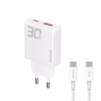 GaN Dudao A30EUT 30W USB-A / USB-C sieninis įkroviklis + USB-C - USB-C kabelis - baltas