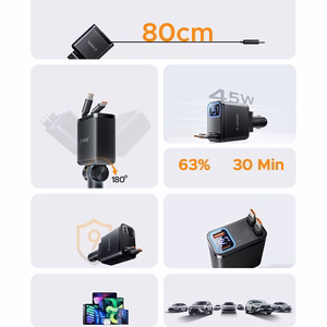 Orico Twin Reach 45W USB-A + USB-C automobilinis įkroviklis su dviem sutraukiamais USB-C laidais - juodas