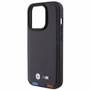 BMW BMHCP15L22PTDK dėklas telefonui iPhone 15 Pro 6.1" juodas/juodas odinis su trispalve emblema