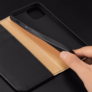 Dux Ducis Hivo odinis atverčiamas dėklas iš natūralios odos su kortelių ir dokumentų pinigine iPhone 14 Plus, juodas