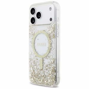 GUESS dėklas telefonui IPHONE 17 Pro Max, suderinamas su MagSafe GUHMP17XRGRGED (dervos apačia su blizgučiais) auksinis